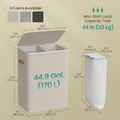 SONGMICS Laundry Basket, 44.9 Gal. Laundry Hamper, 2 Compartments, Easy Assembly, With Lid And Handles, Removable Inner Bags, 22 X 15.7 X 29.5 Inches