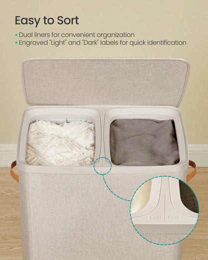 SONGMICS Laundry Basket, 44.9 Gal. Laundry Hamper, 2 Compartments, Easy Assembly, With Lid And Handles, Removable Inner Bags, 22 X 15.7 X 29.5 Inches