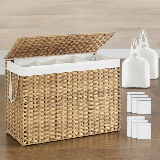SONGMICS Laundry Hamper With Lid, 200 L Clothes Hamper With 2 Removable Liner Bags, 6 Mesh Bags, Wicker Laundry Basket, Double Laundry Hamper For Bathroom, 15.7 X 33.9 X 24 Inches