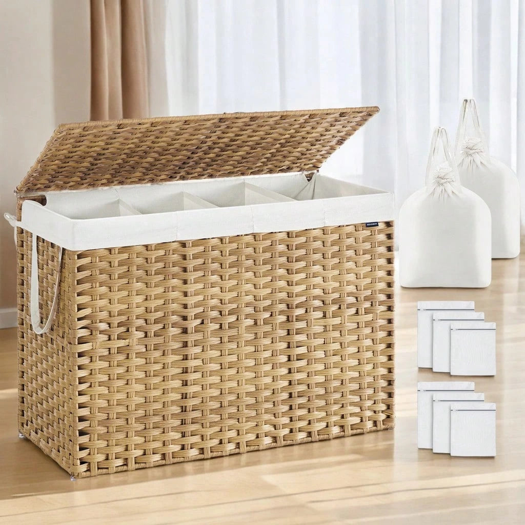 SONGMICS Laundry Hamper With Lid, 200 L Clothes Hamper With 2 Removable Liner Bags, 6 Mesh Bags, Wicker Laundry Basket, Double Laundry Hamper For Bathroom, 15.7 X 33.9 X 24 Inches