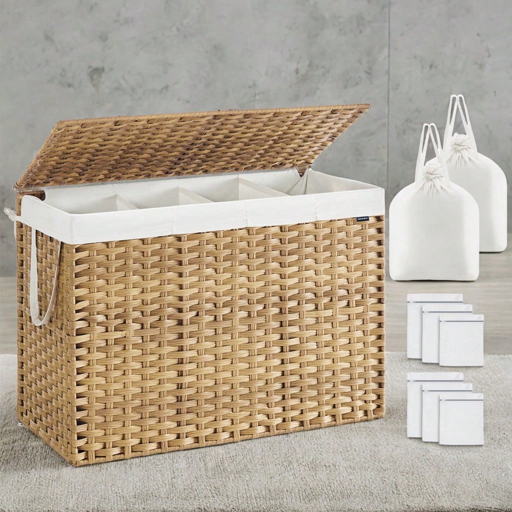 SONGMICS Laundry Hamper With Lid, 200 L Clothes Hamper With 2 Removable Liner Bags, 6 Mesh Bags, Wicker Laundry Basket, Double Laundry Hamper For Bathroom, 15.7 X 33.9 X 24 Inches
