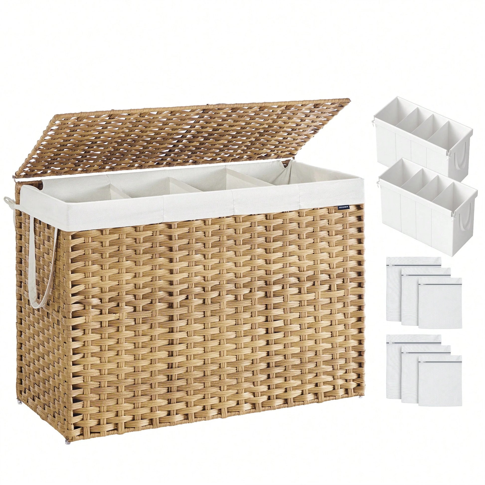 SONGMICS Laundry Hamper With Lid, 200 L Clothes Hamper With 2 Removable Liner Bags, 6 Mesh Bags, Wicker Laundry Basket, Double Laundry Hamper For Bathroom, 15.7 X 33.9 X 24 Inches