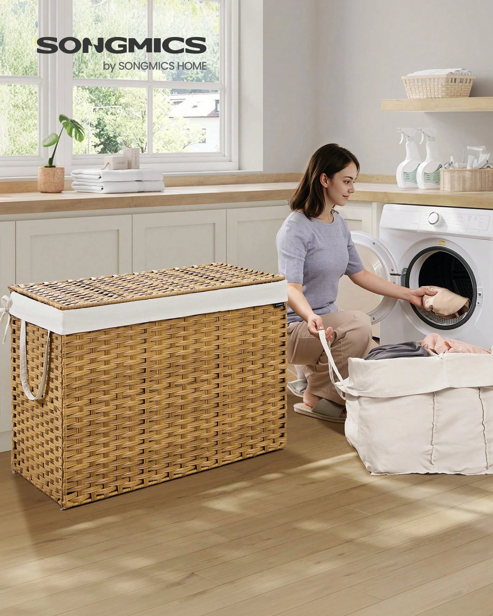 SONGMICS Laundry Hamper With Lid, 200 L Clothes Hamper With 2 Removable Liner Bags, 6 Mesh Bags, Wicker Laundry Basket, Double Laundry Hamper For Bathroom, 15.7 X 33.9 X 24 Inches