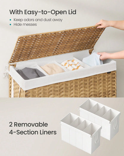 SONGMICS Laundry Hamper With Lid, 200 L Clothes Hamper With 2 Removable Liner Bags, 6 Mesh Bags, Wicker Laundry Basket, Double Laundry Hamper For Bathroom, 15.7 X 33.9 X 24 Inches