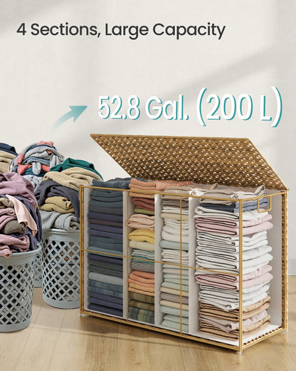 SONGMICS Laundry Hamper With Lid, 200 L Clothes Hamper With 2 Removable Liner Bags, 6 Mesh Bags, Wicker Laundry Basket, Double Laundry Hamper For Bathroom, 15.7 X 33.9 X 24 Inches