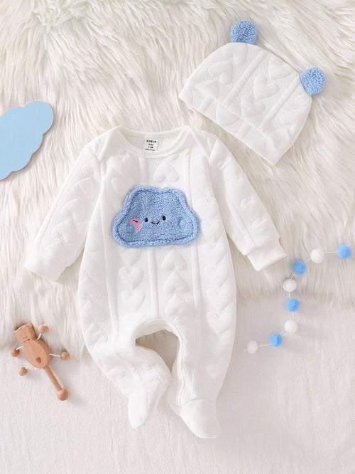 Souflis Souflis 2pcs Newborn Baby Cute Bear Print Long Sleeve Romper & Hat Set, Simple & Fashionable Sleepwear