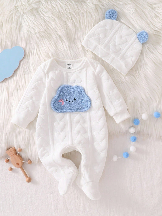 Souflis Souflis 2pcs Newborn Baby Cute Bear Print Long Sleeve Romper & Hat Set, Simple & Fashionable Sleepwear