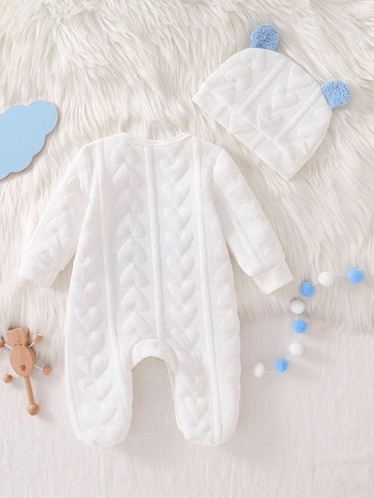 Souflis Souflis 2pcs Newborn Baby Cute Bear Print Long Sleeve Romper & Hat Set, Simple & Fashionable Sleepwear