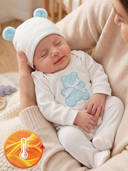 Souflis Souflis 2pcs Newborn Baby Cute Bear Print Long Sleeve Romper & Hat Set, Simple & Fashionable Sleepwear