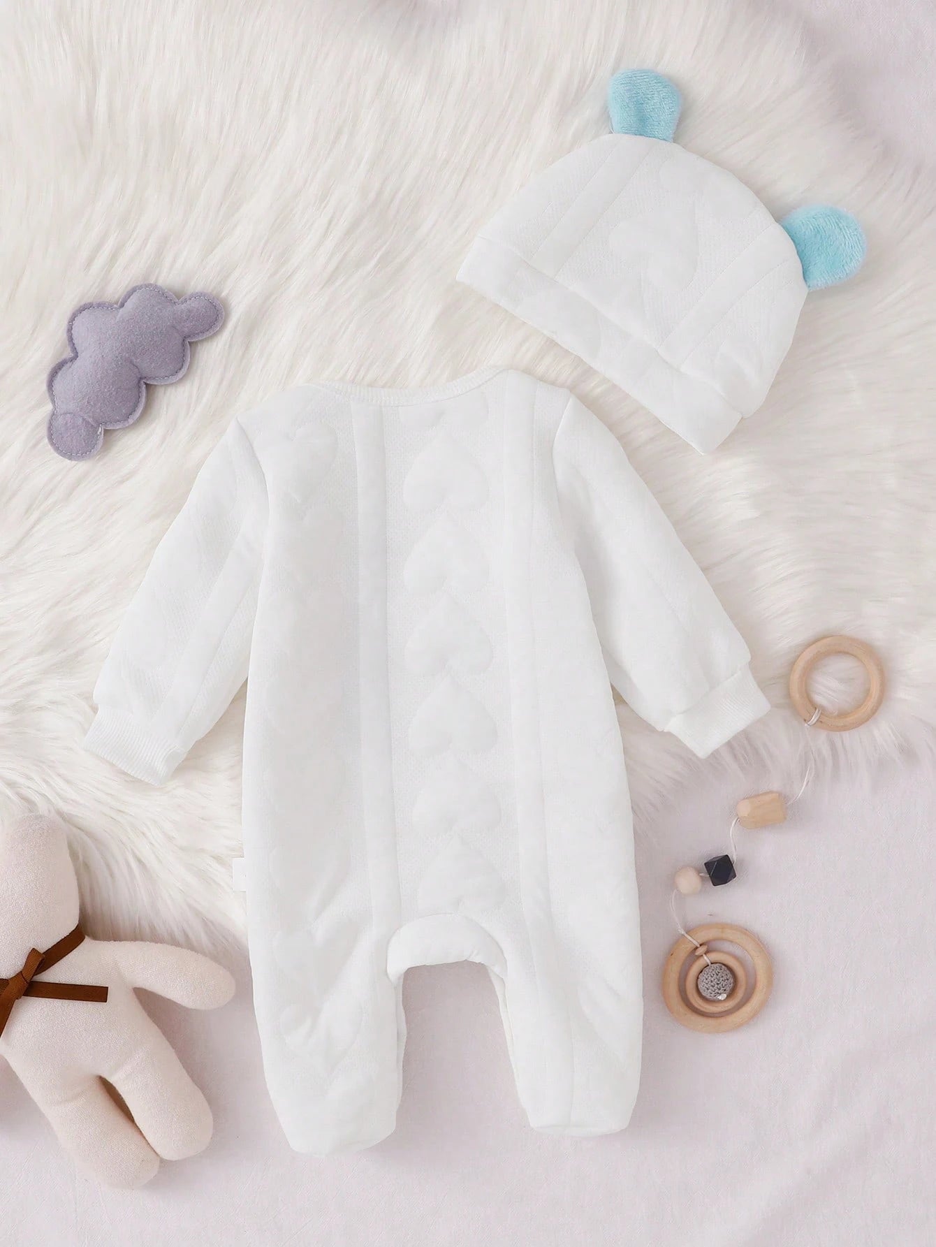 Souflis Souflis 2pcs Newborn Baby Cute Bear Print Long Sleeve Romper & Hat Set, Simple & Fashionable Sleepwear