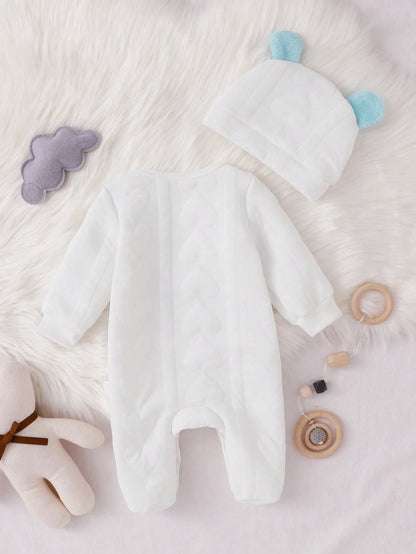 Souflis Souflis 2pcs Newborn Baby Cute Bear Print Long Sleeve Romper & Hat Set, Simple & Fashionable Sleepwear