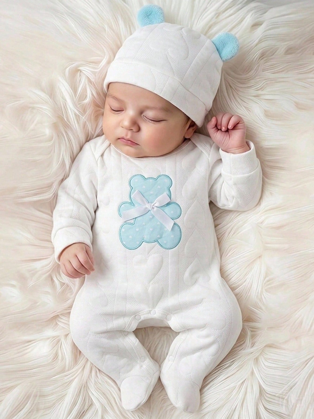 Souflis Souflis 2pcs Newborn Baby Cute Bear Print Long Sleeve Romper & Hat Set, Simple & Fashionable Sleepwear