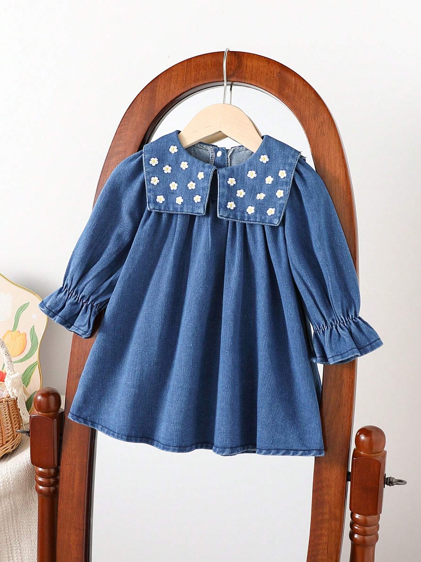 Souflis Souflis Baby Girl Casual Everyday Vacation Embroidered Daisy Sailor Collar Loose Denim Dress, Autumn/Winter