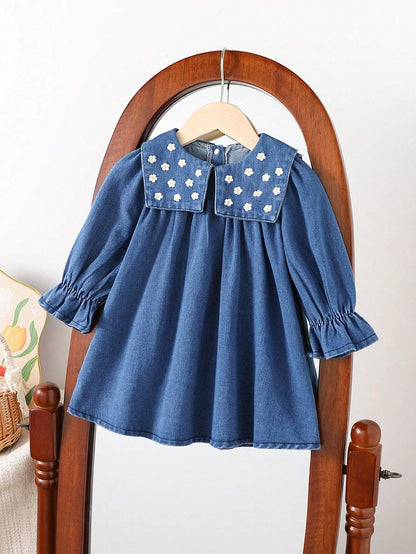 Souflis Souflis Baby Girl Casual Everyday Vacation Embroidered Daisy Sailor Collar Loose Denim Dress, Autumn/Winter