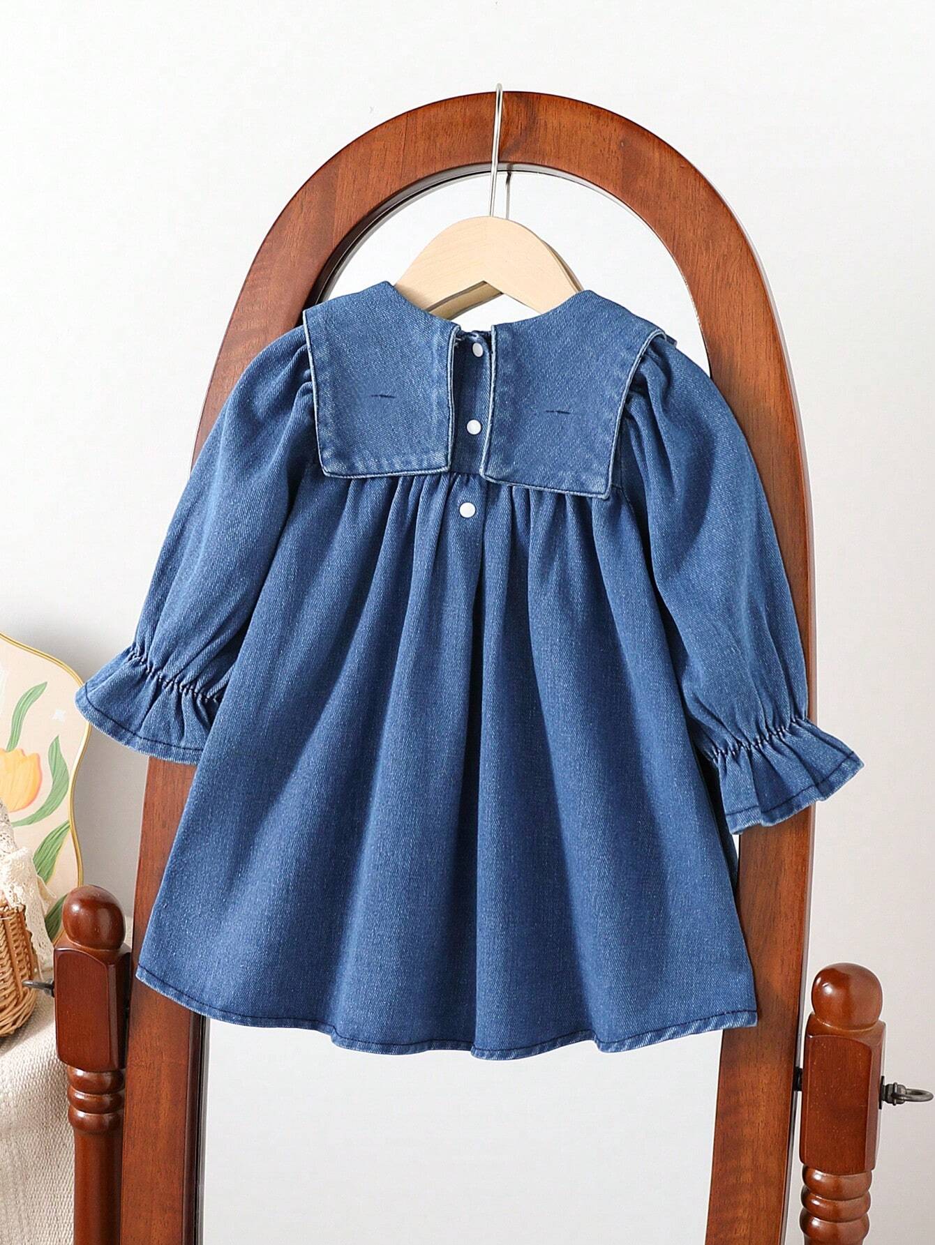 Souflis Souflis Baby Girl Casual Everyday Vacation Embroidered Daisy Sailor Collar Loose Denim Dress, Autumn/Winter
