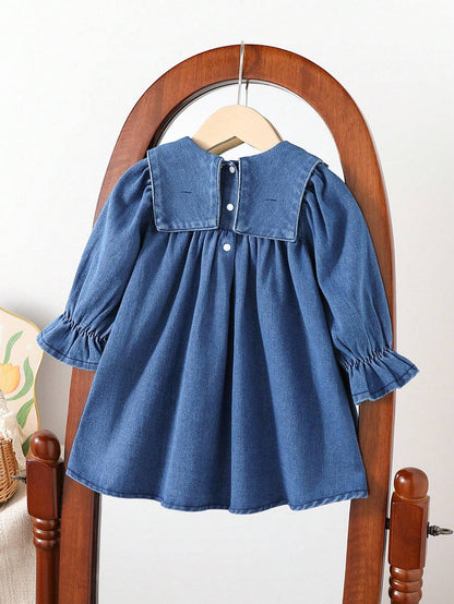 Souflis Souflis Baby Girl Casual Everyday Vacation Embroidered Daisy Sailor Collar Loose Denim Dress, Autumn/Winter