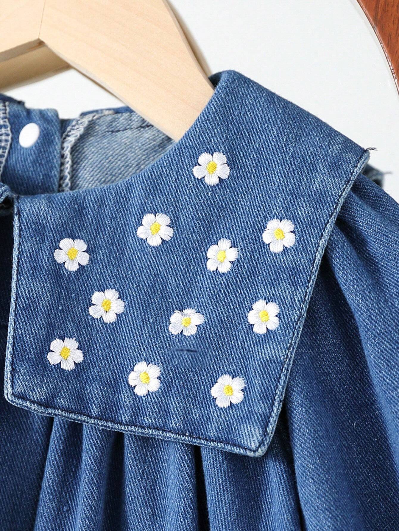 Souflis Souflis Baby Girl Casual Everyday Vacation Embroidered Daisy Sailor Collar Loose Denim Dress, Autumn/Winter
