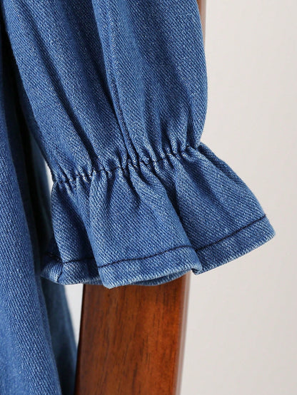 Souflis Souflis Baby Girl Casual Everyday Vacation Embroidered Daisy Sailor Collar Loose Denim Dress, Autumn/Winter