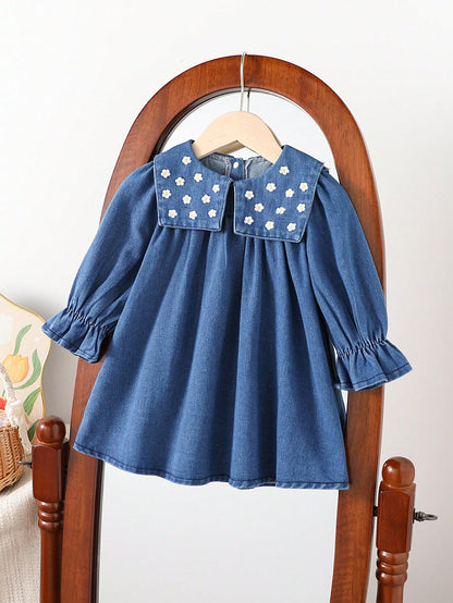 Souflis Souflis Baby Girl Casual Everyday Vacation Embroidered Daisy Sailor Collar Loose Denim Dress, Autumn/Winter