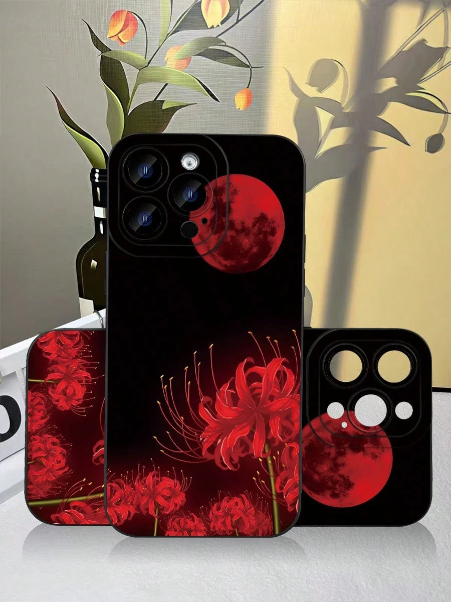Spider Lily & Blood Moon Phone Case For I Spider Lily & Blood Moon Phone Case For IPhone 15 14 13 12 11 Pro Max, Gothic Higanbana Floral Design, Dark Aesthetic Anime Style Cover, Matte Black Shockproo