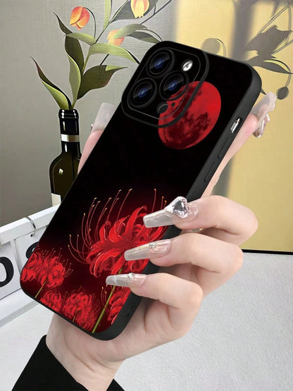 Spider Lily & Blood Moon Phone Case For I Spider Lily & Blood Moon Phone Case For IPhone 15 14 13 12 11 Pro Max, Gothic Higanbana Floral Design, Dark Aesthetic Anime Style Cover, Matte Black Shockproo