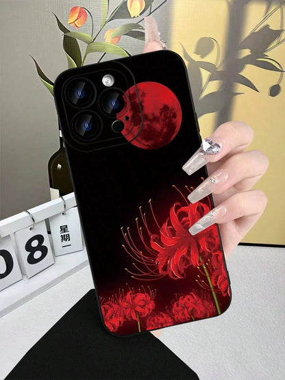 Spider Lily & Blood Moon Phone Case For I Spider Lily & Blood Moon Phone Case For IPhone 15 14 13 12 11 Pro Max, Gothic Higanbana Floral Design, Dark Aesthetic Anime Style Cover, Matte Black Shockproo
