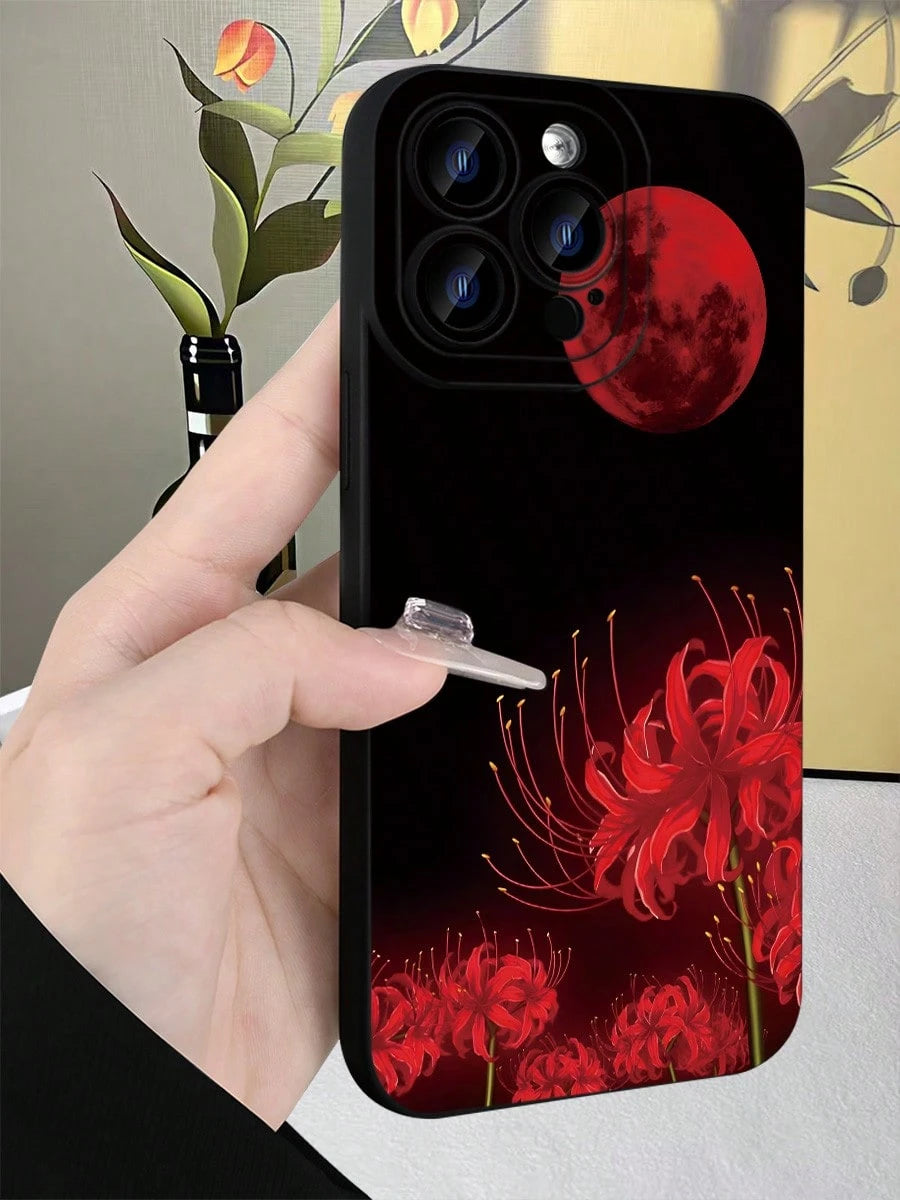 Spider Lily & Blood Moon Phone Case For I Spider Lily & Blood Moon Phone Case For IPhone 15 14 13 12 11 Pro Max, Gothic Higanbana Floral Design, Dark Aesthetic Anime Style Cover, Matte Black Shockproo