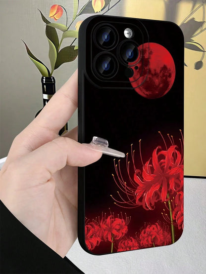 Spider Lily & Blood Moon Phone Case For I Spider Lily & Blood Moon Phone Case For IPhone 15 14 13 12 11 Pro Max, Gothic Higanbana Floral Design, Dark Aesthetic Anime Style Cover, Matte Black Shockproo