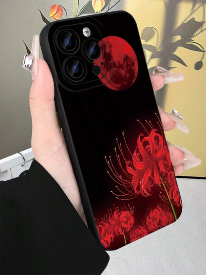 Spider Lily & Blood Moon Phone Case For I Spider Lily & Blood Moon Phone Case For IPhone 15 14 13 12 11 Pro Max, Gothic Higanbana Floral Design, Dark Aesthetic Anime Style Cover, Matte Black Shockproo