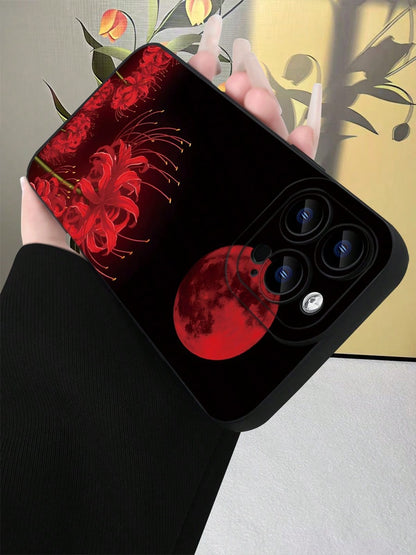 Spider Lily & Blood Moon Phone Case For I Spider Lily & Blood Moon Phone Case For IPhone 15 14 13 12 11 Pro Max, Gothic Higanbana Floral Design, Dark Aesthetic Anime Style Cover, Matte Black Shockproo