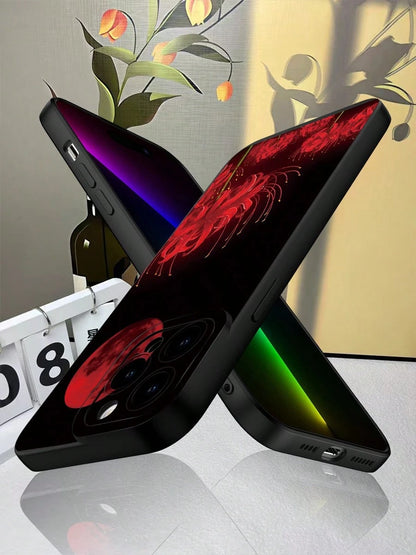 Spider Lily & Blood Moon Phone Case For I Spider Lily & Blood Moon Phone Case For IPhone 15 14 13 12 11 Pro Max, Gothic Higanbana Floral Design, Dark Aesthetic Anime Style Cover, Matte Black Shockproo