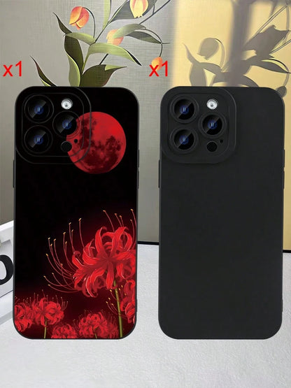 Spider Lily & Blood Moon Phone Case For I Spider Lily & Blood Moon Phone Case For IPhone 15 14 13 12 11 Pro Max, Gothic Higanbana Floral Design, Dark Aesthetic Anime Style Cover, Matte Black Shockproo