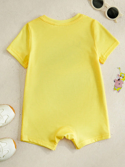 SpongeBob SquarePants| Baby Boy Casual Cute Cartoon Print Short Sleeve Romper Set, Summer