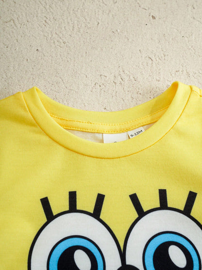 SpongeBob SquarePants| Baby Boy Casual Cute Cartoon Print Short Sleeve Romper Set, Summer