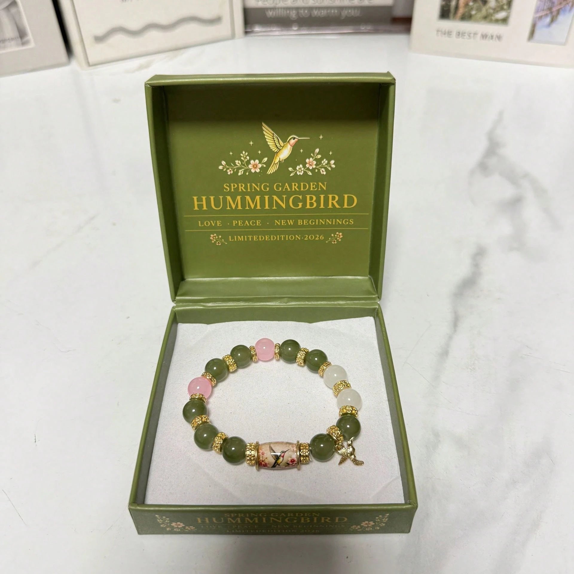 Spring Garden Hummingbird Beaded Bracelet Gift Set, Inspirational Charm Elastic Bracelet, Love And Peace Jewelry Gift