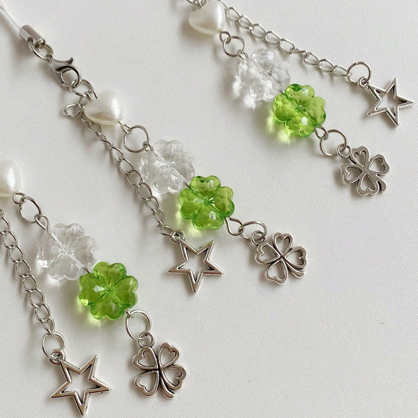 Spring New Y2K Chic Transparent Green Acrylic Clover, Metal Clover, Beaded Heart, Pentagram Chain, Phone Strap/Charm, Creative Design Gifts For Mother, Family, Friends, Birthday, Holiday Phone Charm