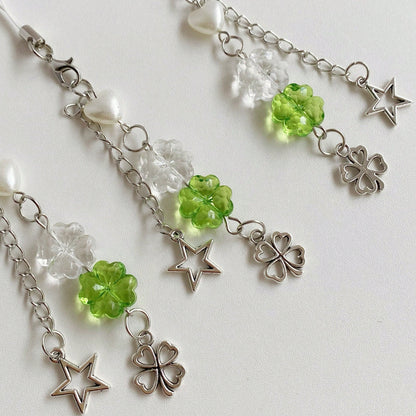Spring New Y2K Chic Transparent Green Acrylic Clover, Metal Clover, Beaded Heart, Pentagram Chain, Phone Strap/Charm, Creative Design Gifts For Mother, Family, Friends, Birthday, Holiday Phone Charm