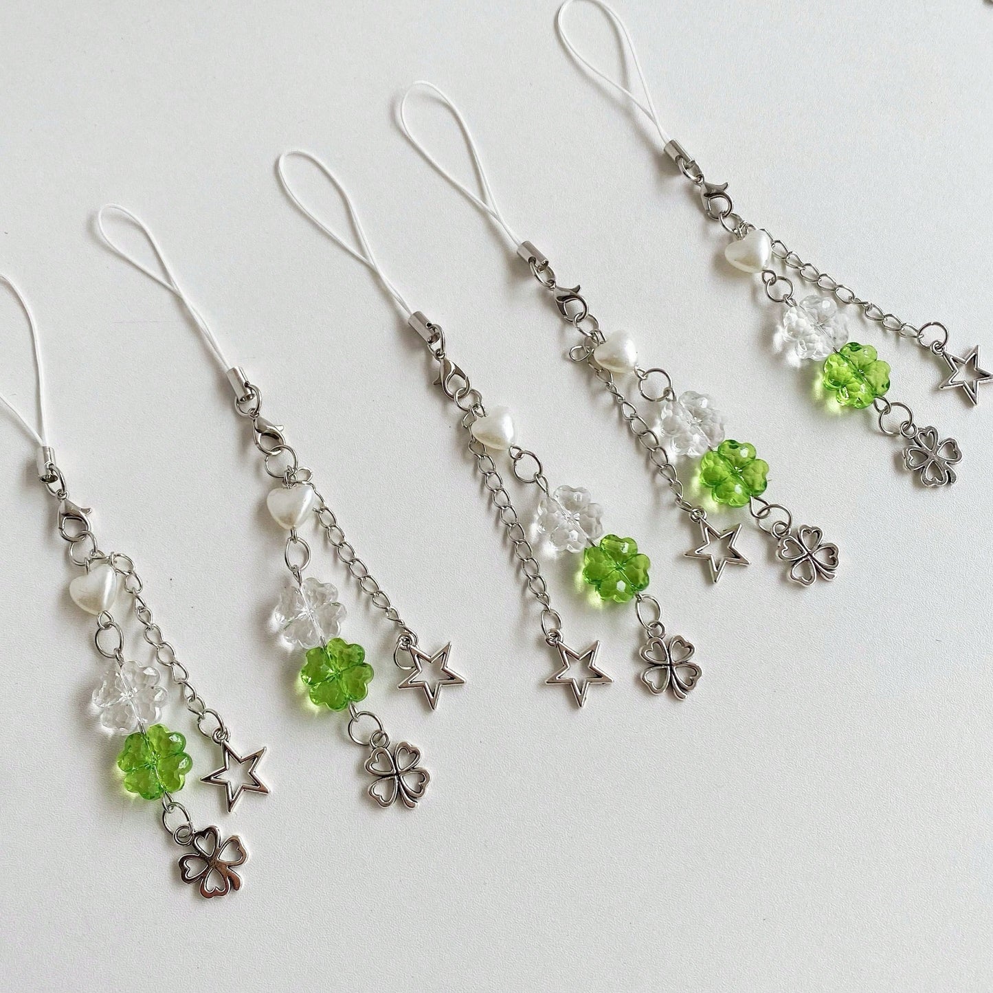 Spring New Y2K Chic Transparent Green Acrylic Clover, Metal Clover, Beaded Heart, Pentagram Chain, Phone Strap/Charm, Creative Design Gifts For Mother, Family, Friends, Birthday, Holiday Phone Charm