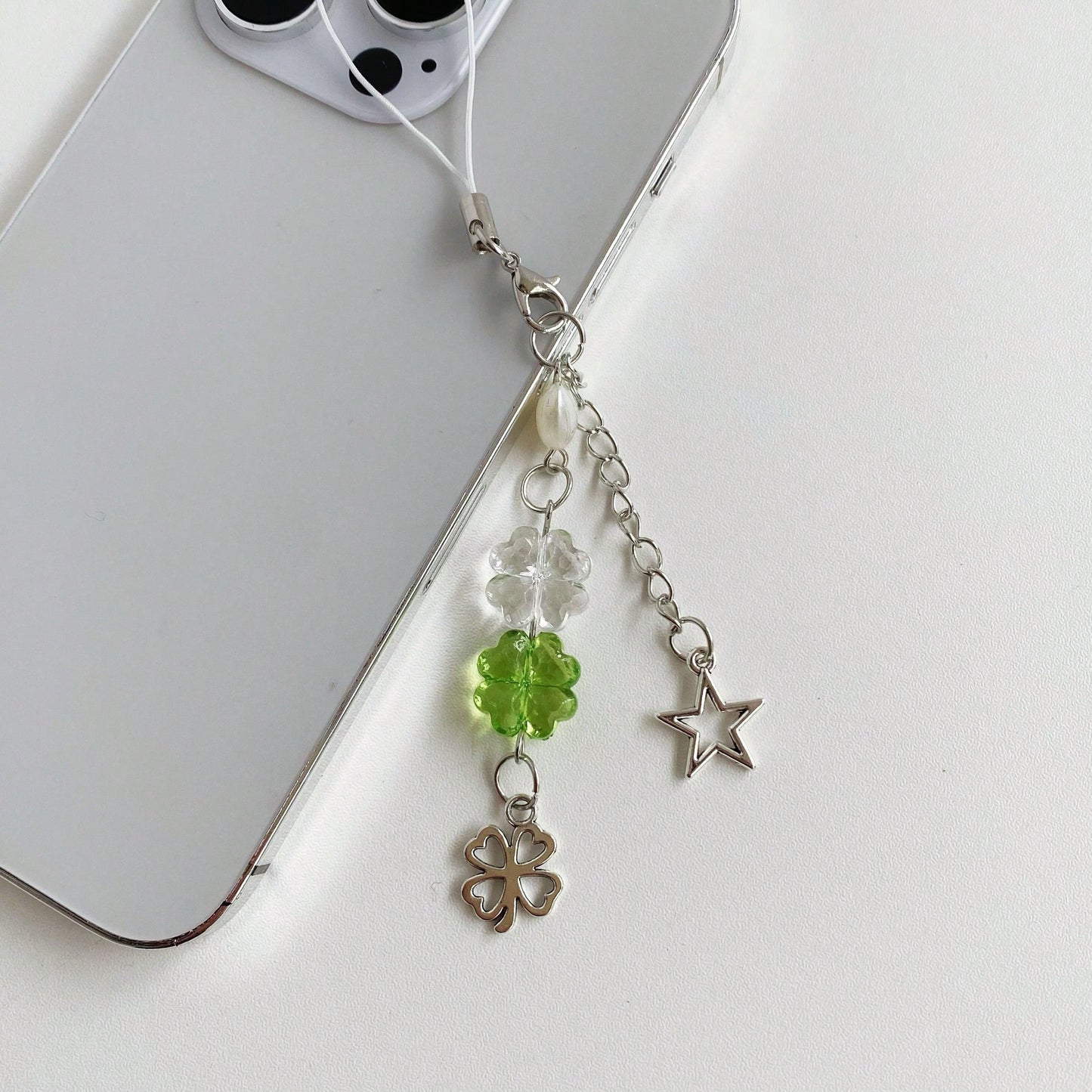 Spring New Y2K Chic Transparent Green Acrylic Clover, Metal Clover, Beaded Heart, Pentagram Chain, Phone Strap/Charm, Creative Design Gifts For Mother, Family, Friends, Birthday, Holiday Phone Charm