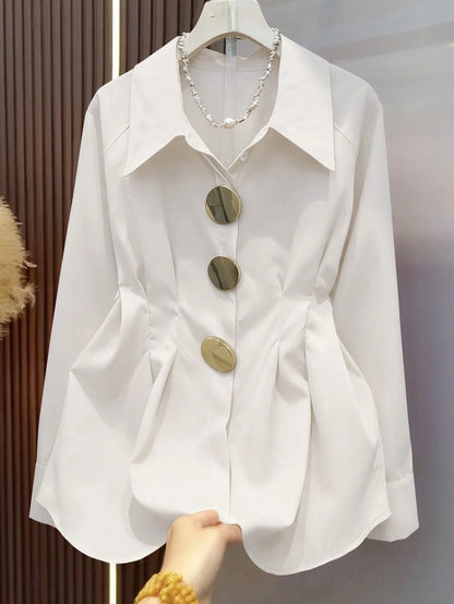 Spring/Summer Light Blue Metal Button Raglan Long Sleeve Shirt, Vintage Bohemian Style For Wedding, Party And Commute