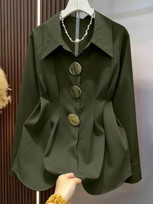 Spring/Summer Military Green Metal Buckle Raglan Long Sleeve Shirt, Vintage Bohemian Style For Wedding, Party And Commute
