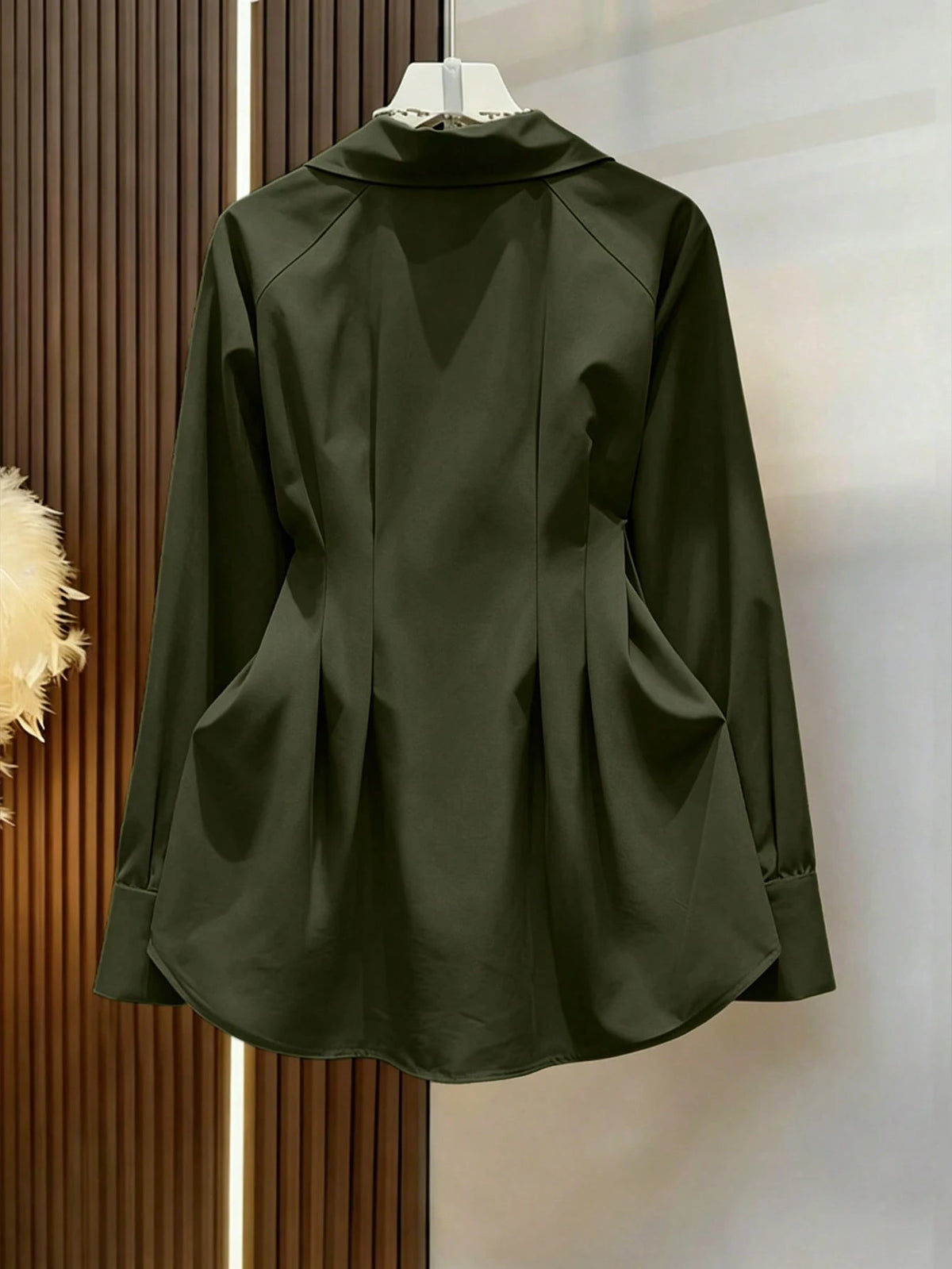 Spring/Summer Military Green Metal Buckle Raglan Long Sleeve Shirt, Vintage Bohemian Style For Wedding, Party And Commute