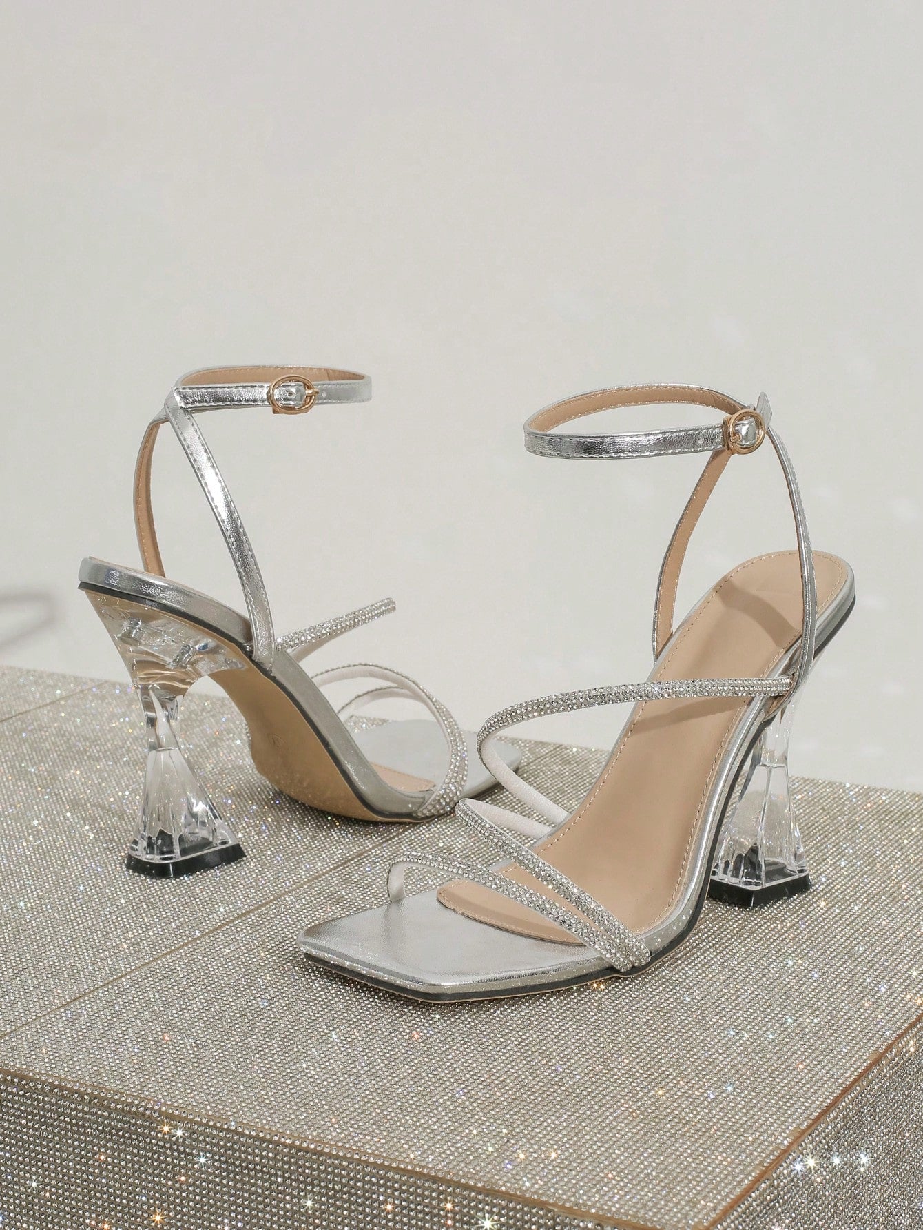 Spring/Summer Square Toe Crystal Heel, Stripe Ornament Sexy & Elegant Fashionable, Women's Open-Toe High Heel Sandals