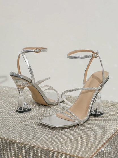 Spring/Summer Square Toe Crystal Heel, Stripe Ornament Sexy & Elegant Fashionable, Women's Open-Toe High Heel Sandals