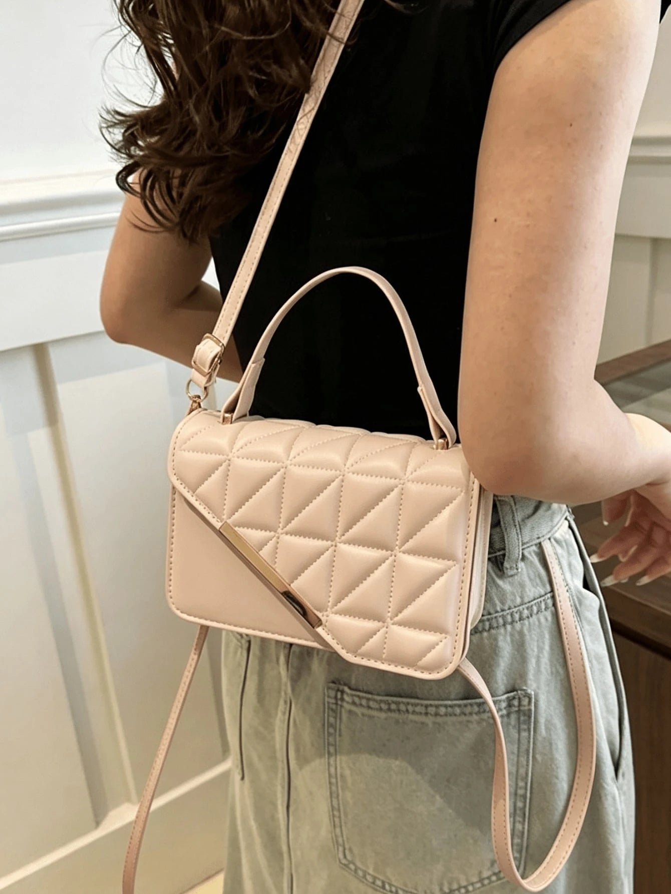 Square Crossbody Bag, Diamond Pattern Stitching And Thread Decoration, Sturdy Design Shoulder Bag, Wandering And Weekend Handbag