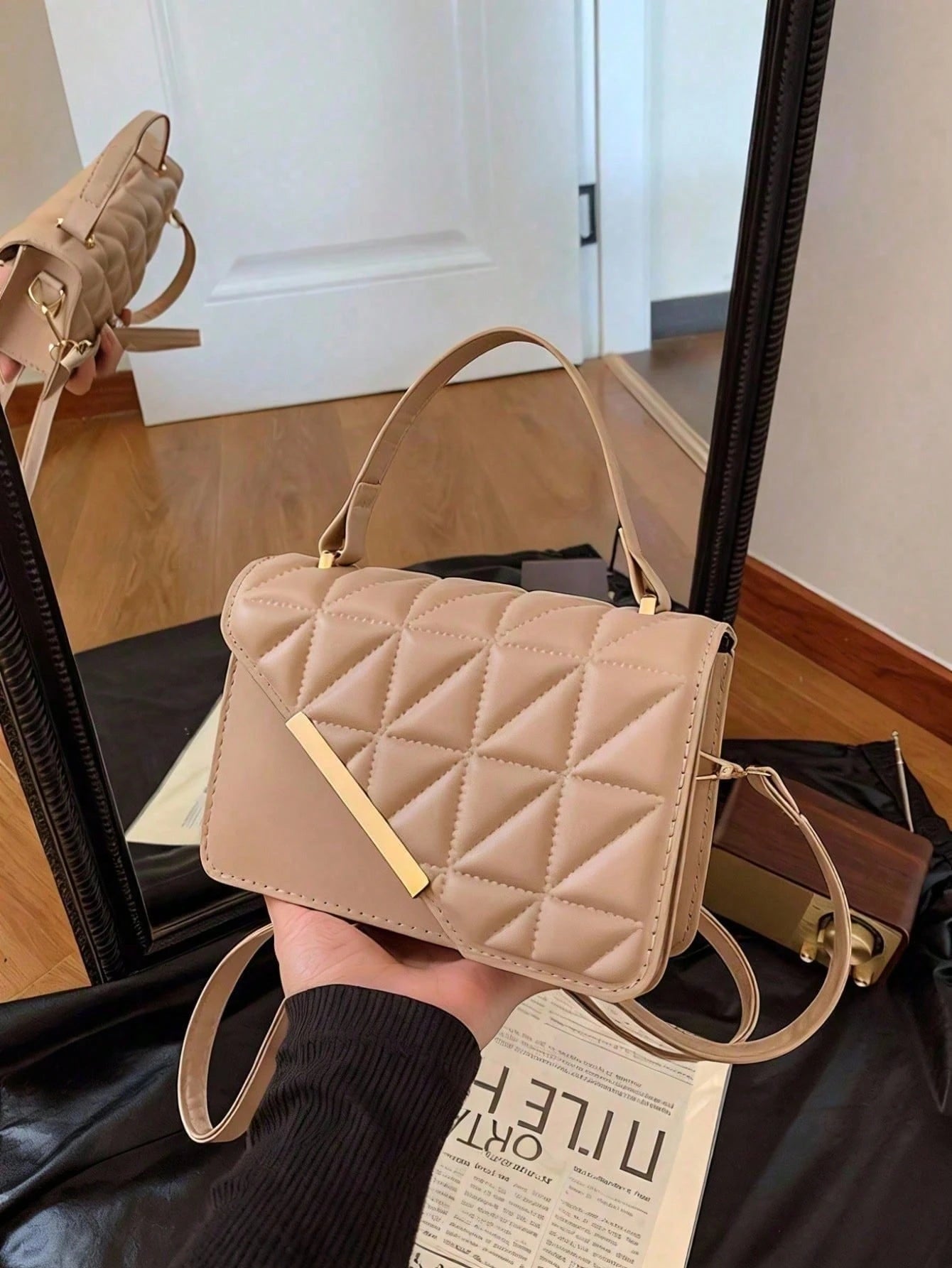 Square Crossbody Bag, Diamond Pattern Stitching And Thread Decoration, Sturdy Design Shoulder Bag, Wandering And Weekend Handbag