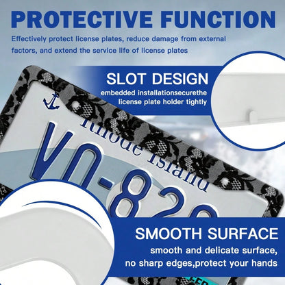 Stainless Steel License Plate Frame Black Lace Pattern Rustproof Heavy Duty Car Accessories With Install Kit