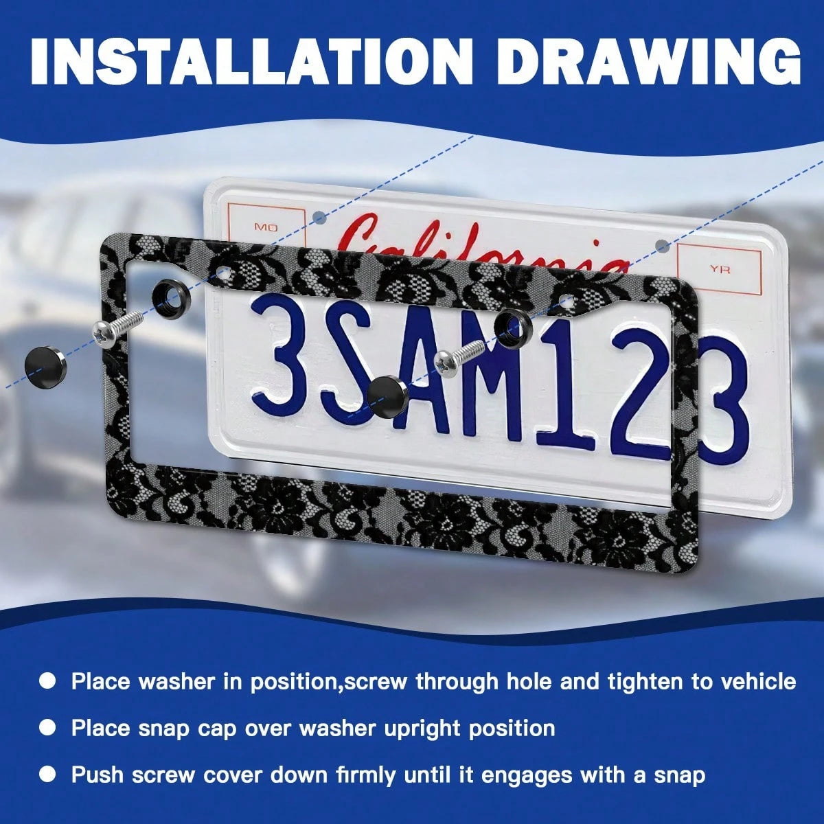 Stainless Steel License Plate Frame Black Lace Pattern Rustproof Heavy Duty Car Accessories With Install Kit