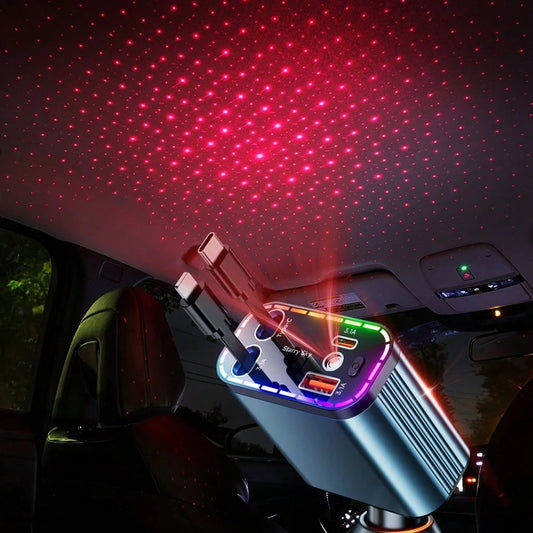 Starry Light Projector With 30W Fast Rapid Car Charger, 4 In 1 Multiple Function, Dual Retractable Charging Cable, Interior Decorative Accessories, Multiple Charging Protection, Ambient Lights For Car