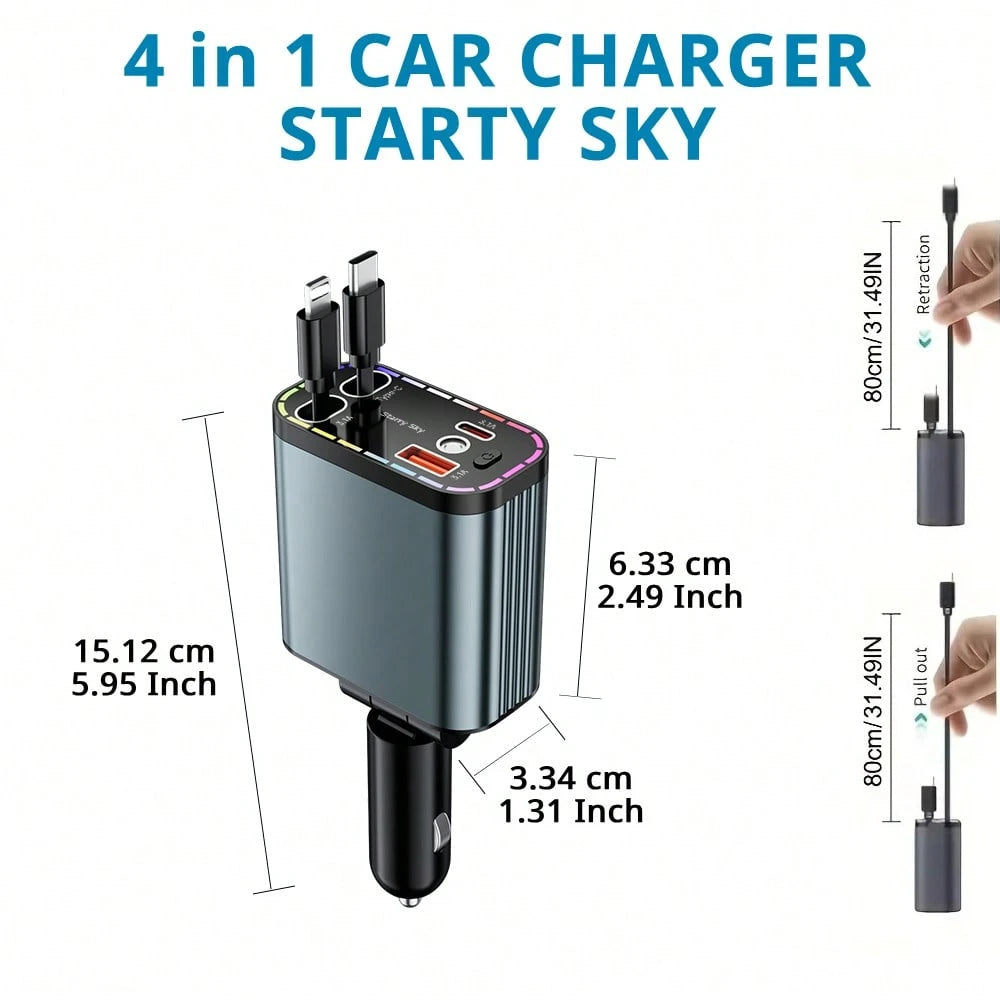 Starry Light Projector With 30W Fast Rapid Car Charger, 4 In 1 Multiple Function, Dual Retractable Charging Cable, Interior Decorative Accessories, Multiple Charging Protection, Ambient Lights For Car